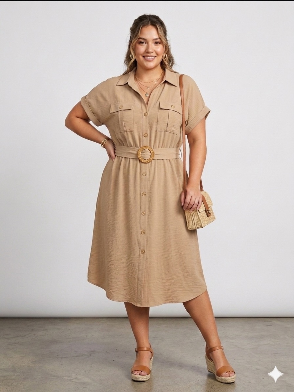 Perch Blu Pepper Khaki Utility Shirt Dress Short Sleeve Belted Button Front 1X